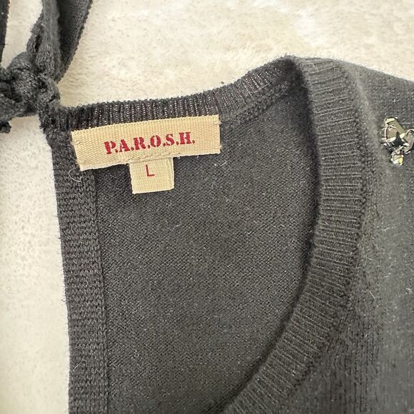 P.A.R.O.S.H. Women Black Rhinestone Front Short Sleeve Cotton Sweater Sz M Italy - Picture 5 of 10